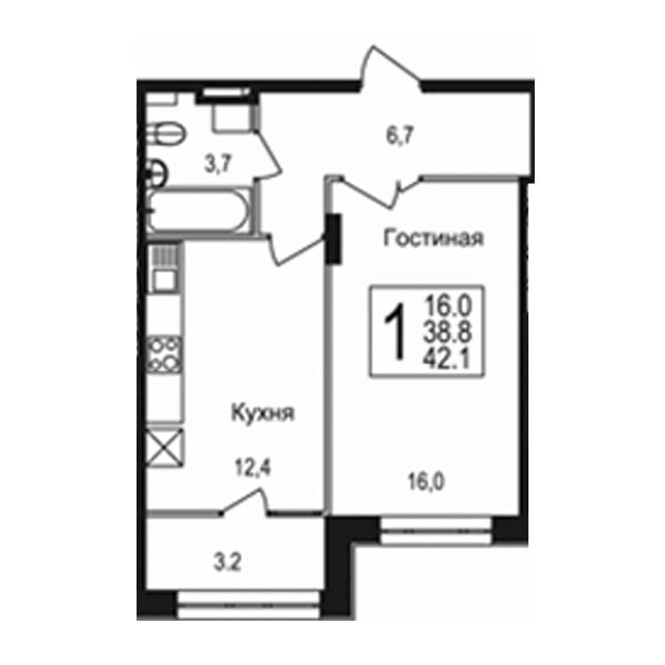 1-к квартира 1-к квартира 42.1 м2, ЖК Богородский 3, Секция 1 по цене 4 631 000 ₽