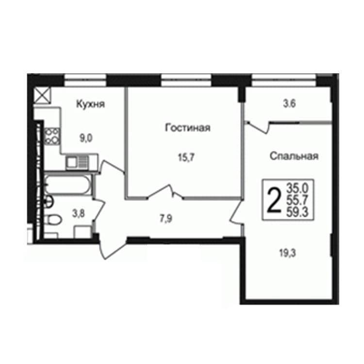 2-к квартира 2-к квартира 59.3 м2, ЖК Богородский 3, Секция 1 по цене 5 811 400 ₽